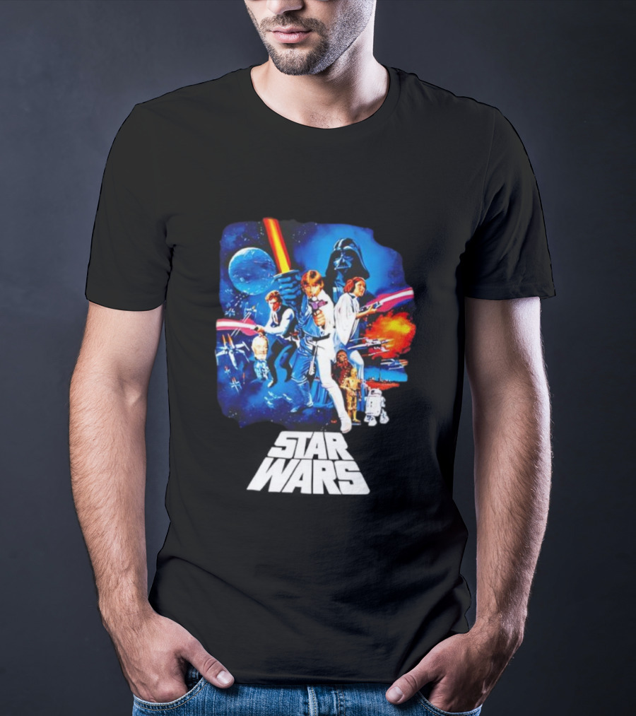Star Wars New Hope Retro Darth Vader Luke Skywalker Leia Han Solo Chewbacca R2-D2 C-3PO Vintage Galactic Battle Scene T-Shirt