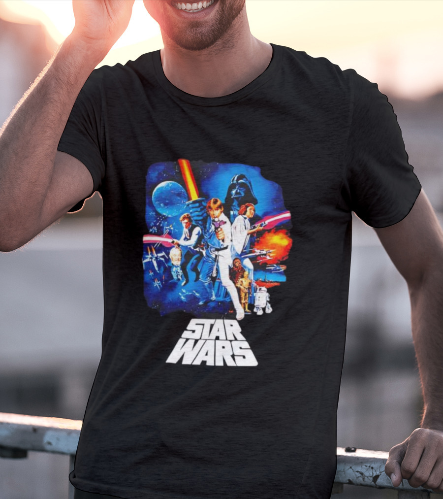 Star Wars New Hope Retro Darth Vader Luke Skywalker Leia Han Solo Chewbacca R2-D2 C-3PO Vintage Galactic Battle Scene T-Shirt