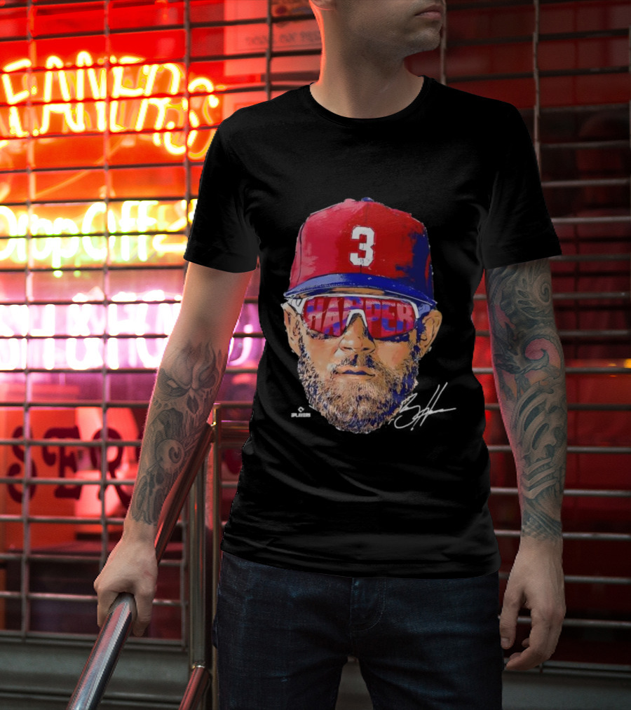 Philadelphia Phillies Bryce Harper Signature Head 3 Cap Sunglasses T-Shirt