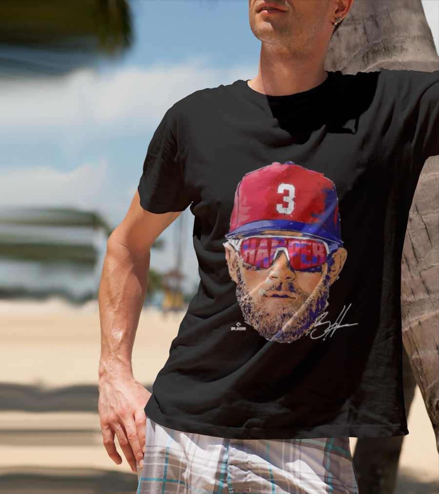 Philadelphia Phillies Bryce Harper Signature Head 3 Cap Sunglasses T-Shirt