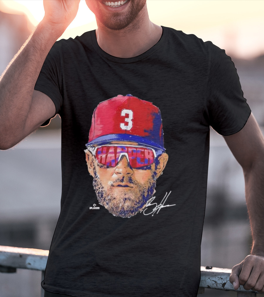 Philadelphia Phillies Bryce Harper Signature Head 3 Cap Sunglasses T-Shirt