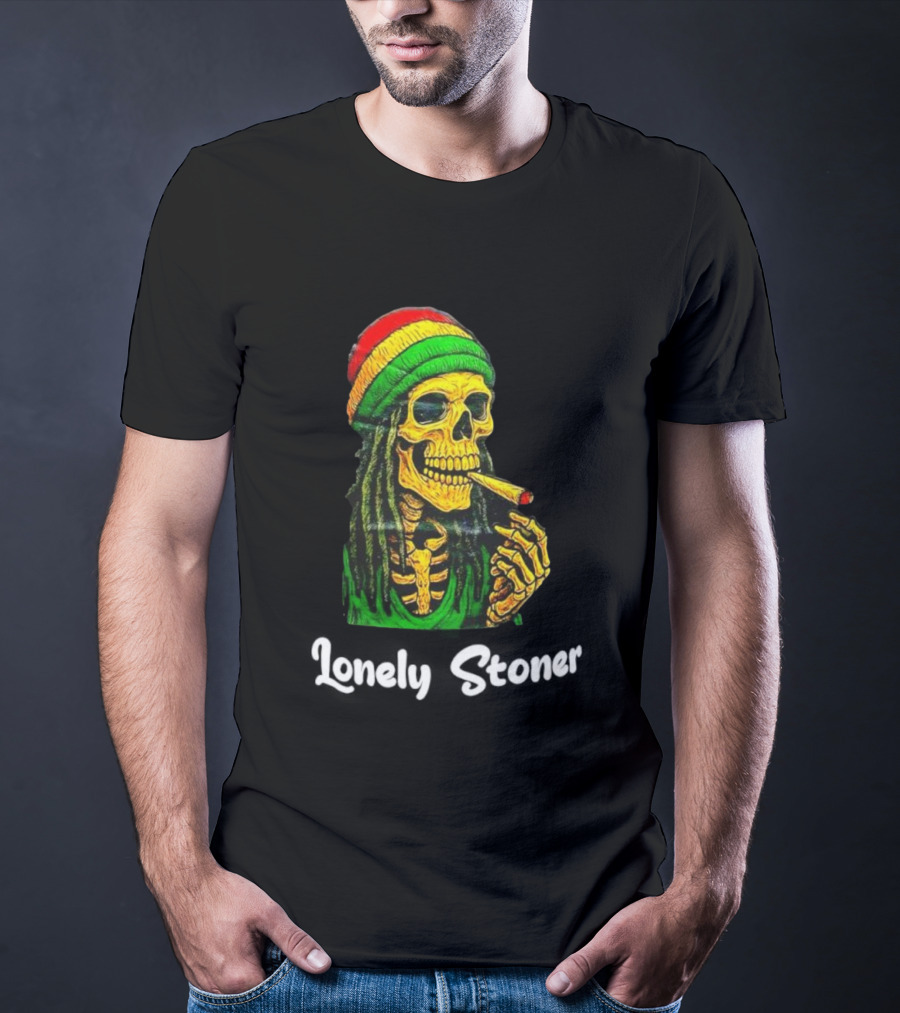 Lonely Stoner Dreadlocked Skull Smoking Rasta Colors T-Shirt
