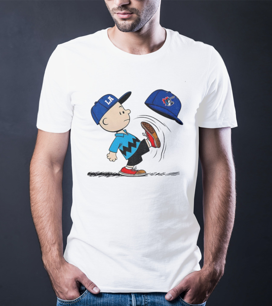 Los Angeles Dodgers LA Cap Charlie Brown Kicking Toronto Blue Jays Hat Peanuts Crossover T-Shirt