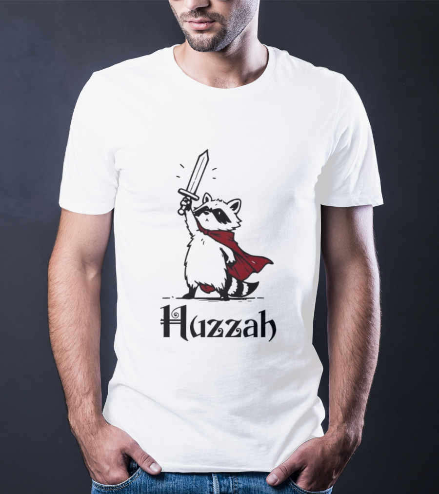 Raccoon Warrior Huzzah Red Cape Sword Heroic Pose T-Shirt