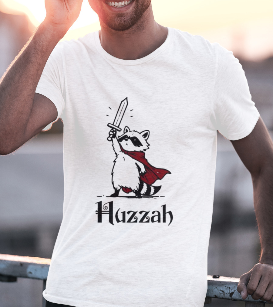 Raccoon Warrior Huzzah Red Cape Sword Heroic Pose T-Shirt