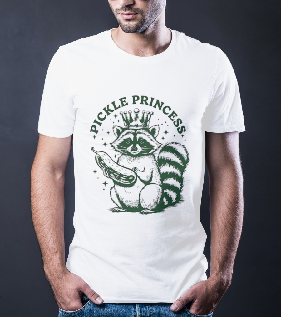 Pickle Princess Raccoon Holding Pickle With Crown And Stars T-Shirt