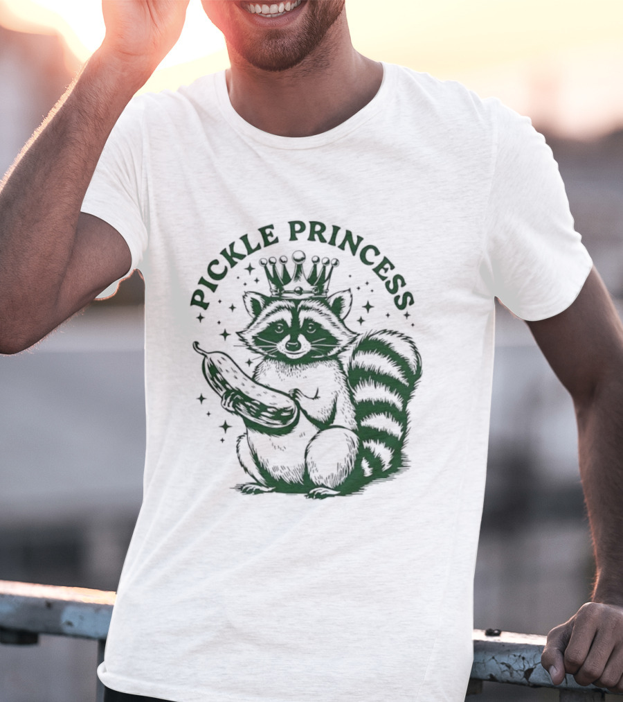 Pickle Princess Raccoon Holding Pickle With Crown And Stars T-Shirt