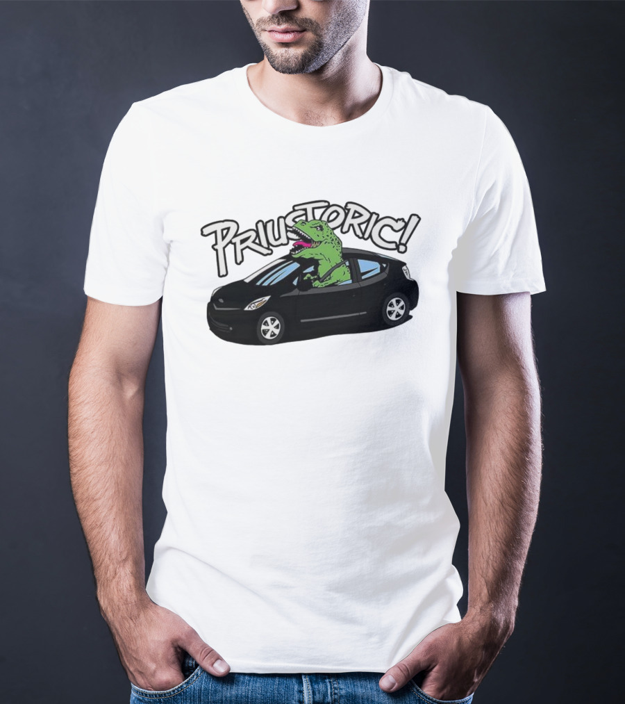 Priustoric T-Rex Dinosaur Driving Car Playful Humor T-Shirt