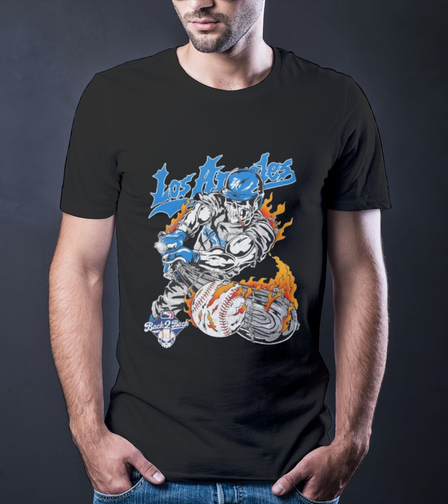 Los Angeles Dodgers World Series Back 2 Back 2024 2025 Warren Lotas Skeleton Baseball Flames T-Shirt