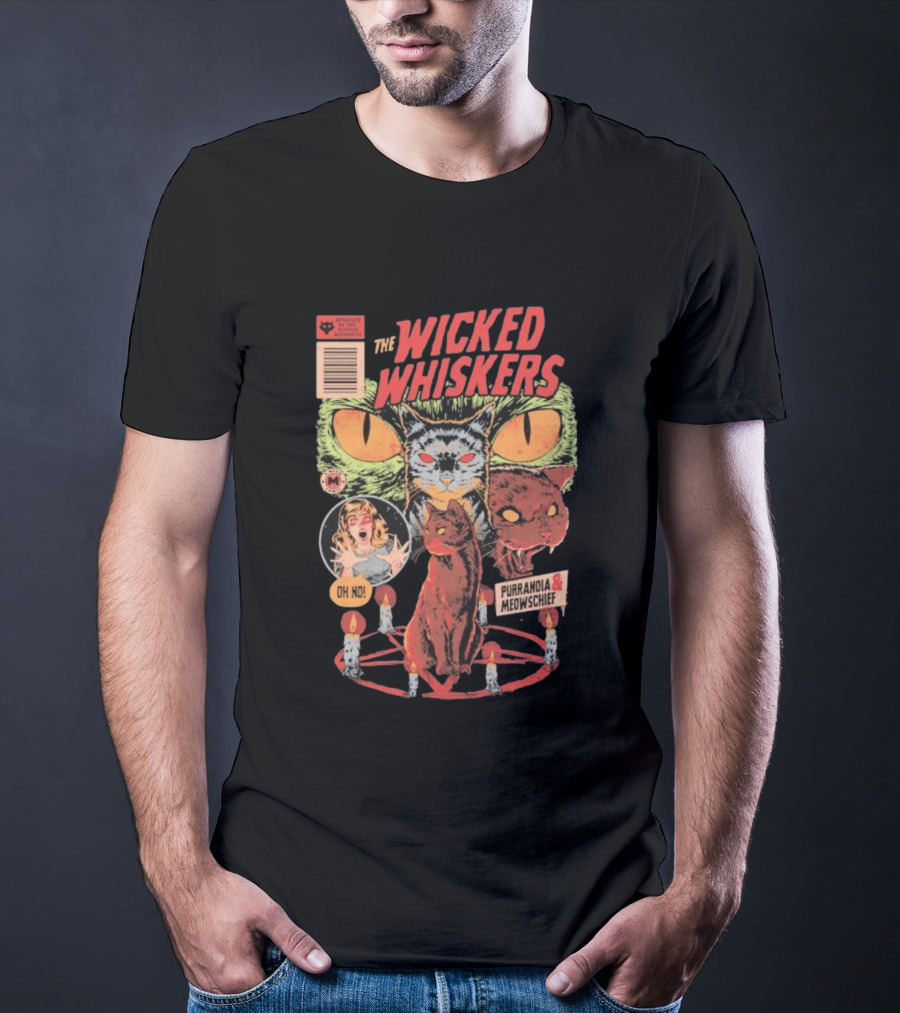 The Wicked Whiskers Oh No Purranoia Meowschief Comic Style Cats T-Shirt