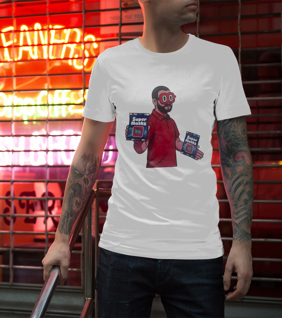 Super Masks Red Character Holding Packages With Eye Mask T-Shirt