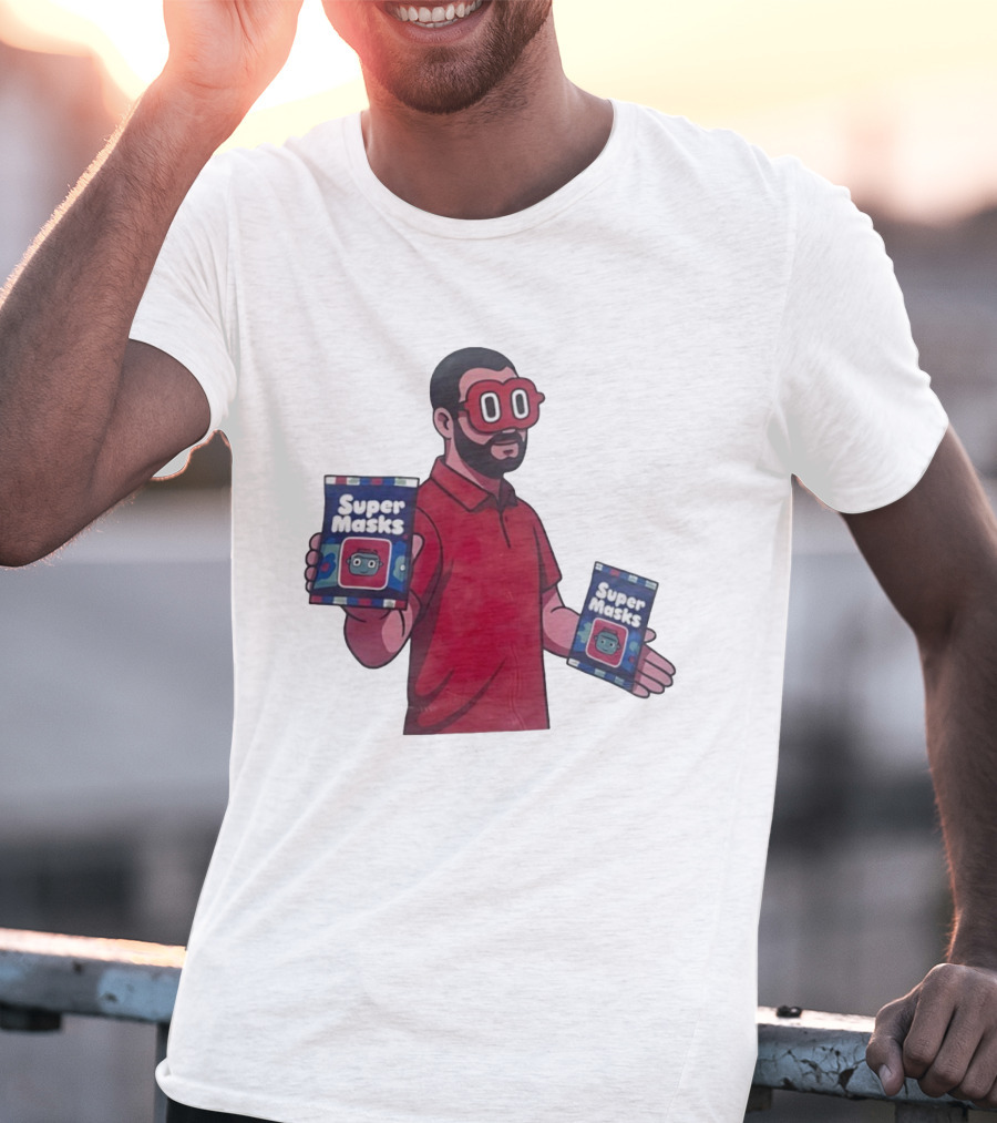 Super Masks Red Character Holding Packages With Eye Mask T-Shirt