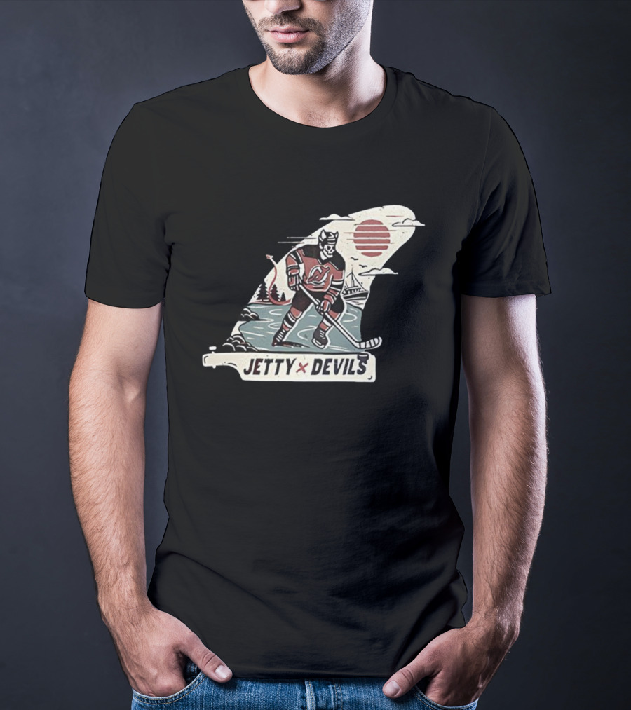Jetty X New Jersey Devils NHL Player Vintage Skeleton Hockey Sunset Scene T-Shirt