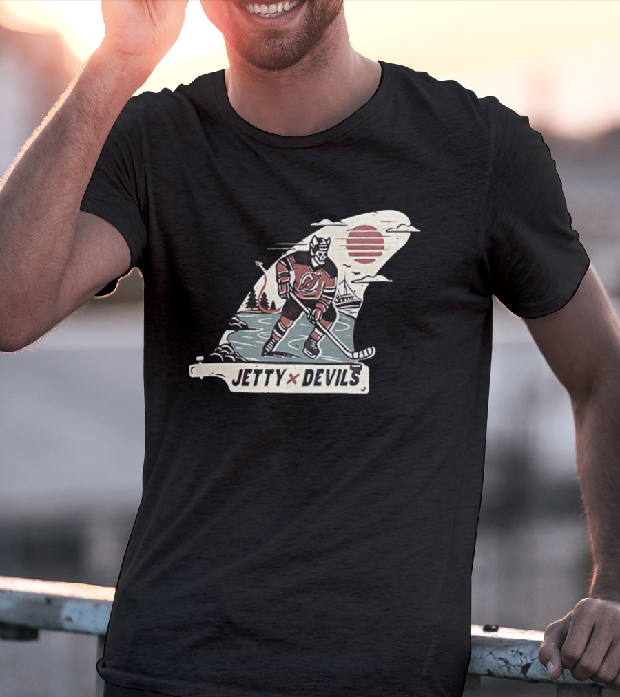 Jetty X New Jersey Devils NHL Player Vintage Skeleton Hockey Sunset Scene T-Shirt