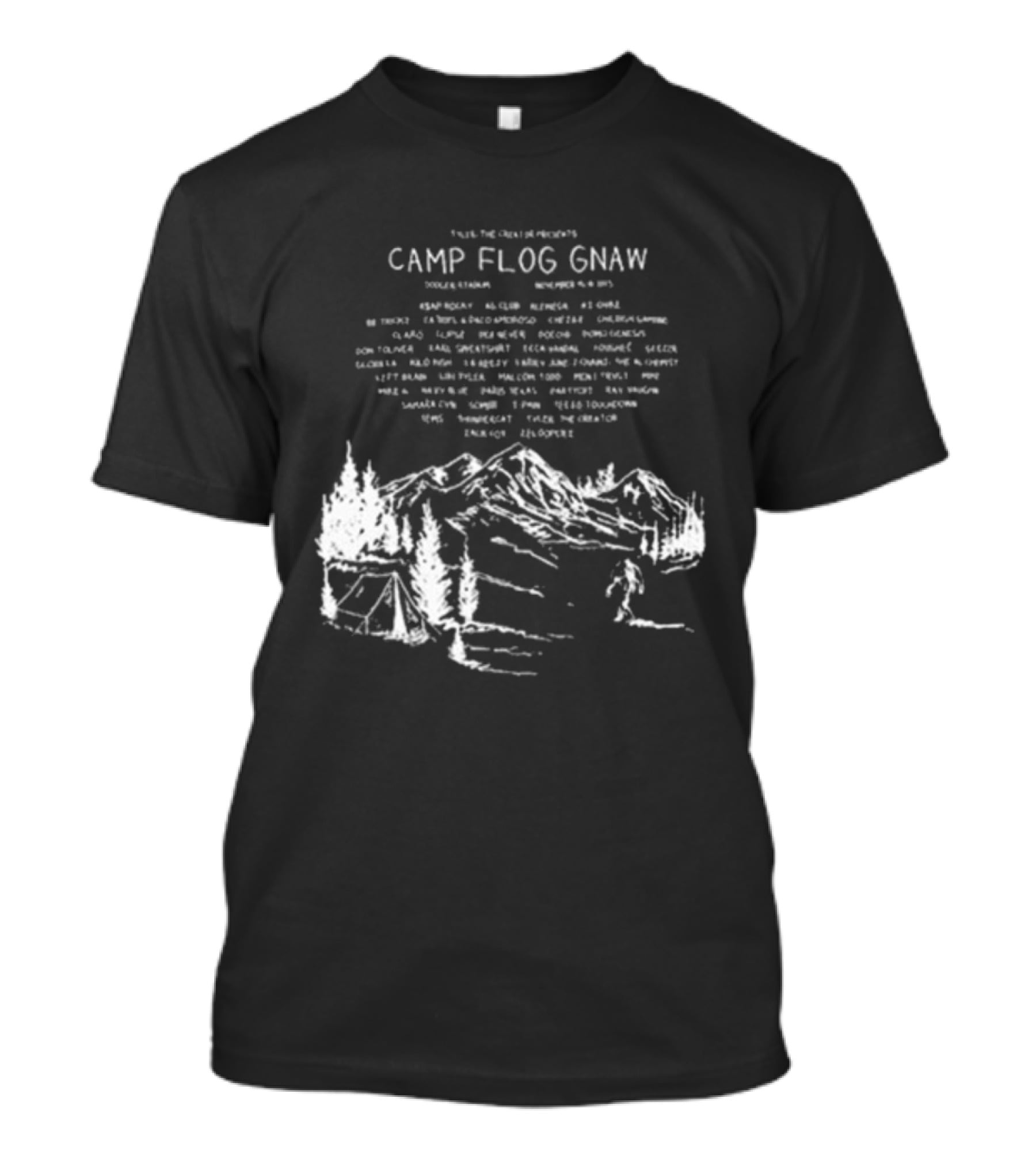 Camp Flog Gnaw 2025 Mountain Bigfoot Tyler The Creator Lineup Adventure T-Shirt