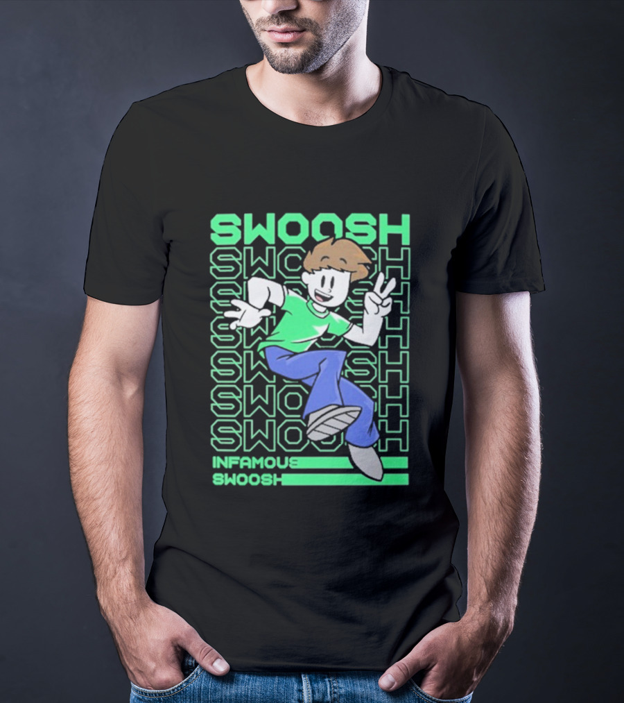 Infamous Swoosh Repeated Cartoon Character Peace Gesture Bright Colors T-Shirt