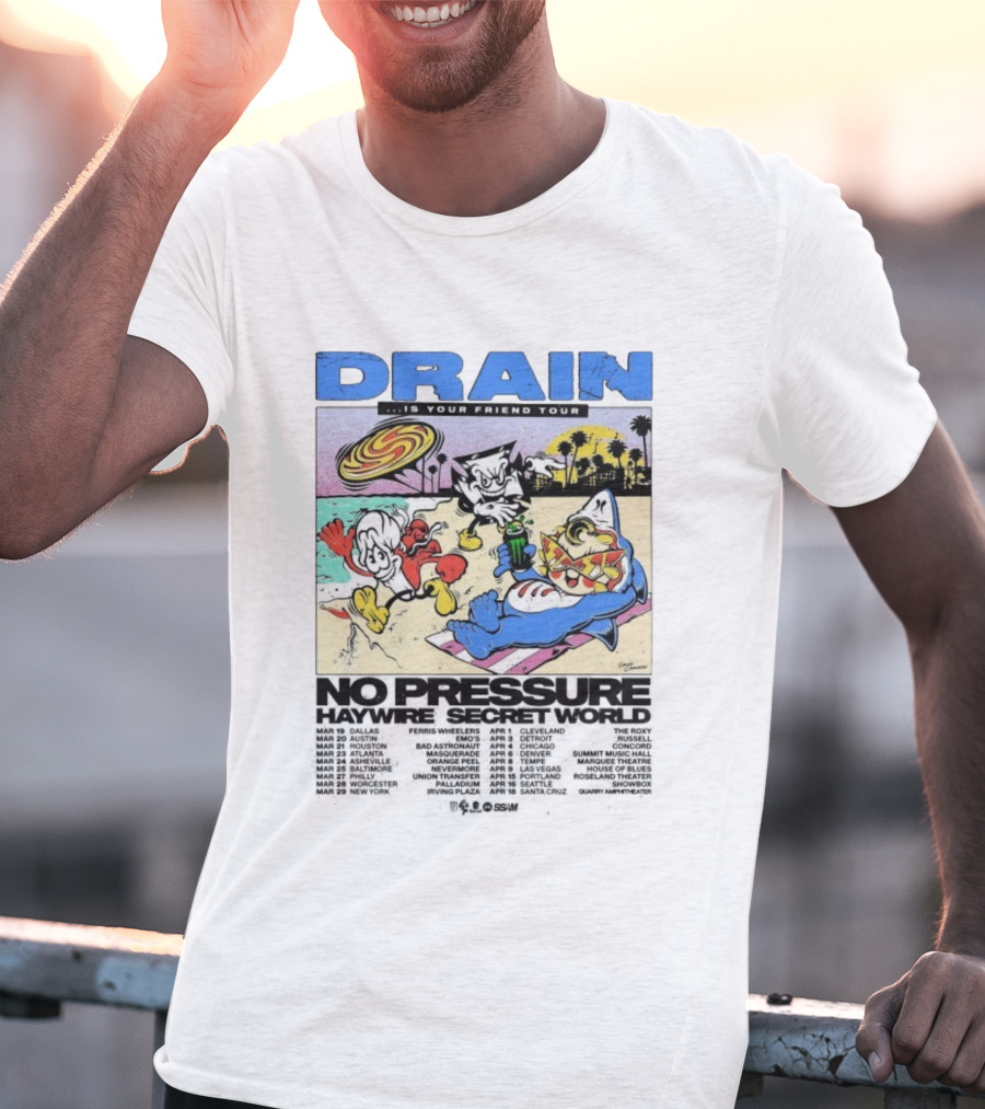 Drain Is Your Friend Tour 2026 No Pressure Haywire Secret World Beach Scene Vintage Style T-Shirt