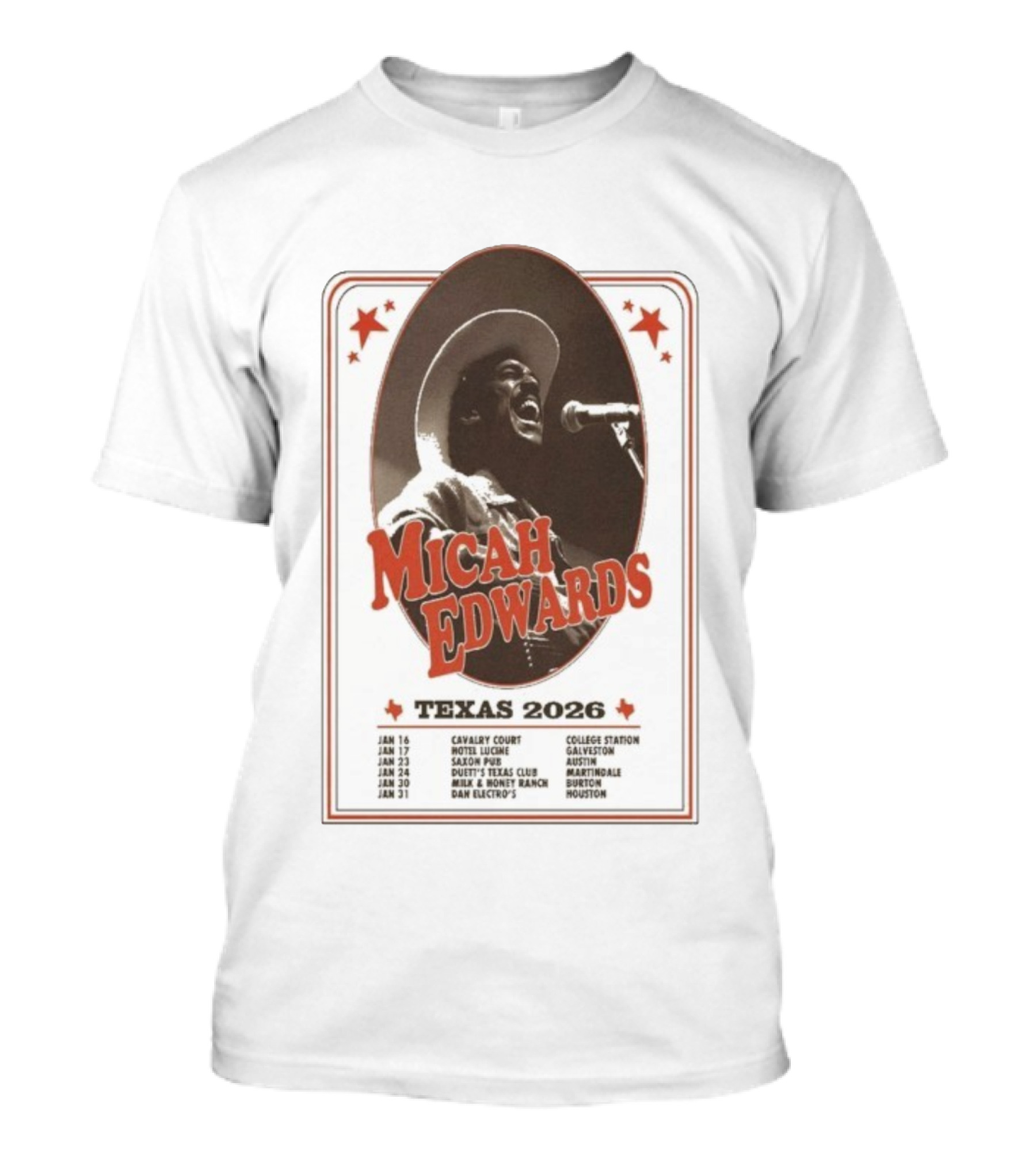 Micah Edwards Texas 2026 Tour Dates Cavalry Court Hotel Lucine Saxon Pub Duet's Texas Club MULE HONEY RANCH Dan Electro's T-Shirt