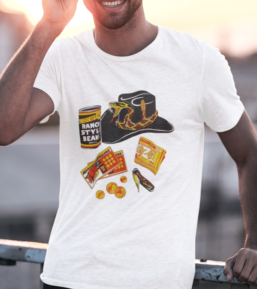 Ranch Style Beans Can Rattlesnake Cowboy Hat Texas Symbols Imagery T-Shirt