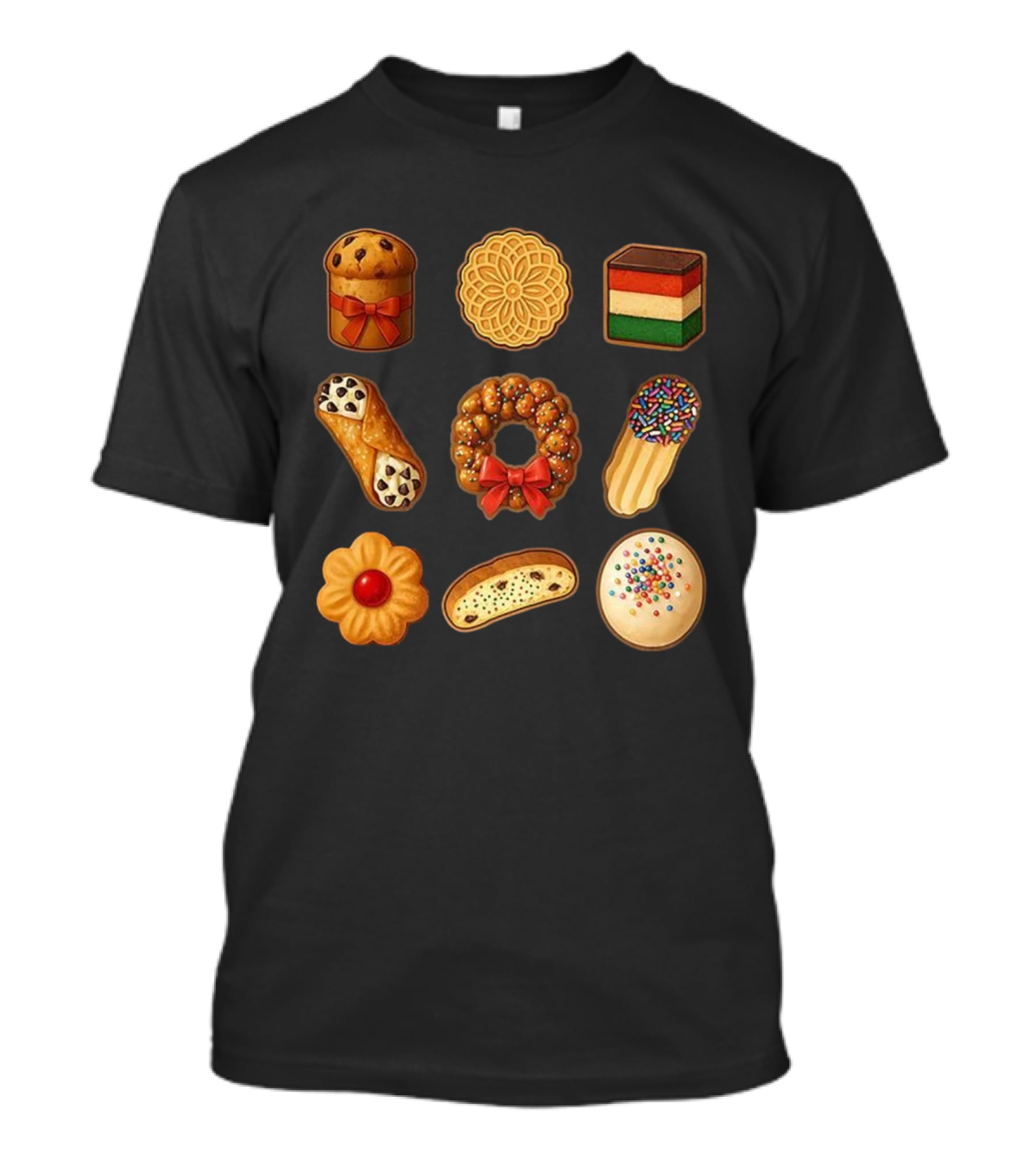 Festive Italian Cookie Variety Featuring Pandoro Biscotti Cannoli Bow Sprinkles T-Shirt