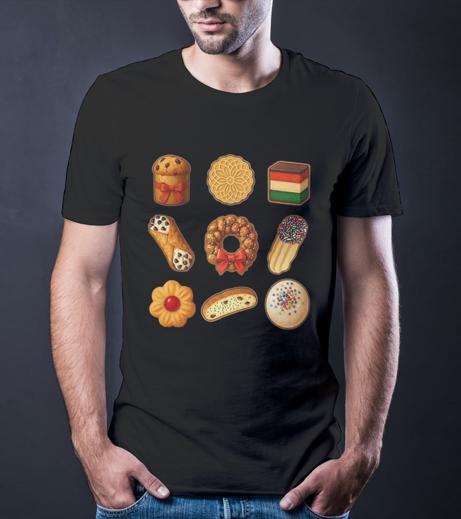 Festive Italian Cookie Variety Featuring Pandoro Biscotti Cannoli Bow Sprinkles T-Shirt