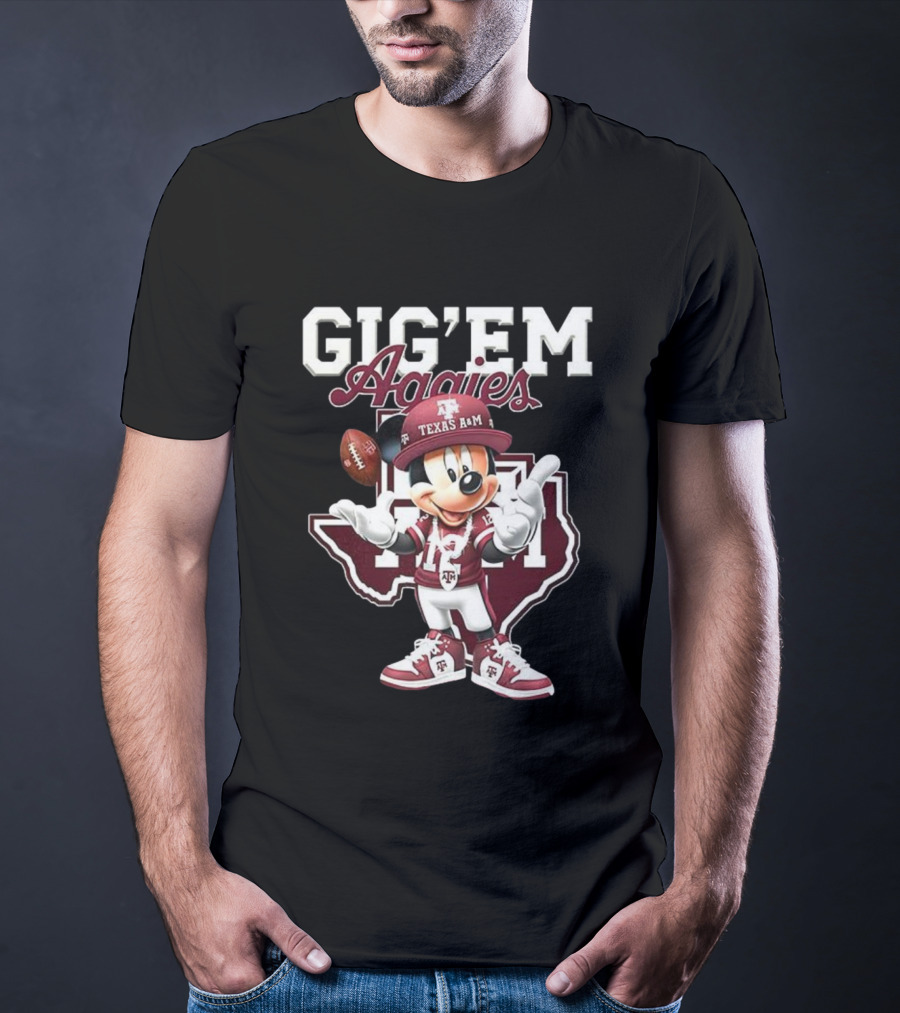 Gig’em Aggies Texas A&M Mickey Mouse Football Map T-Shirt