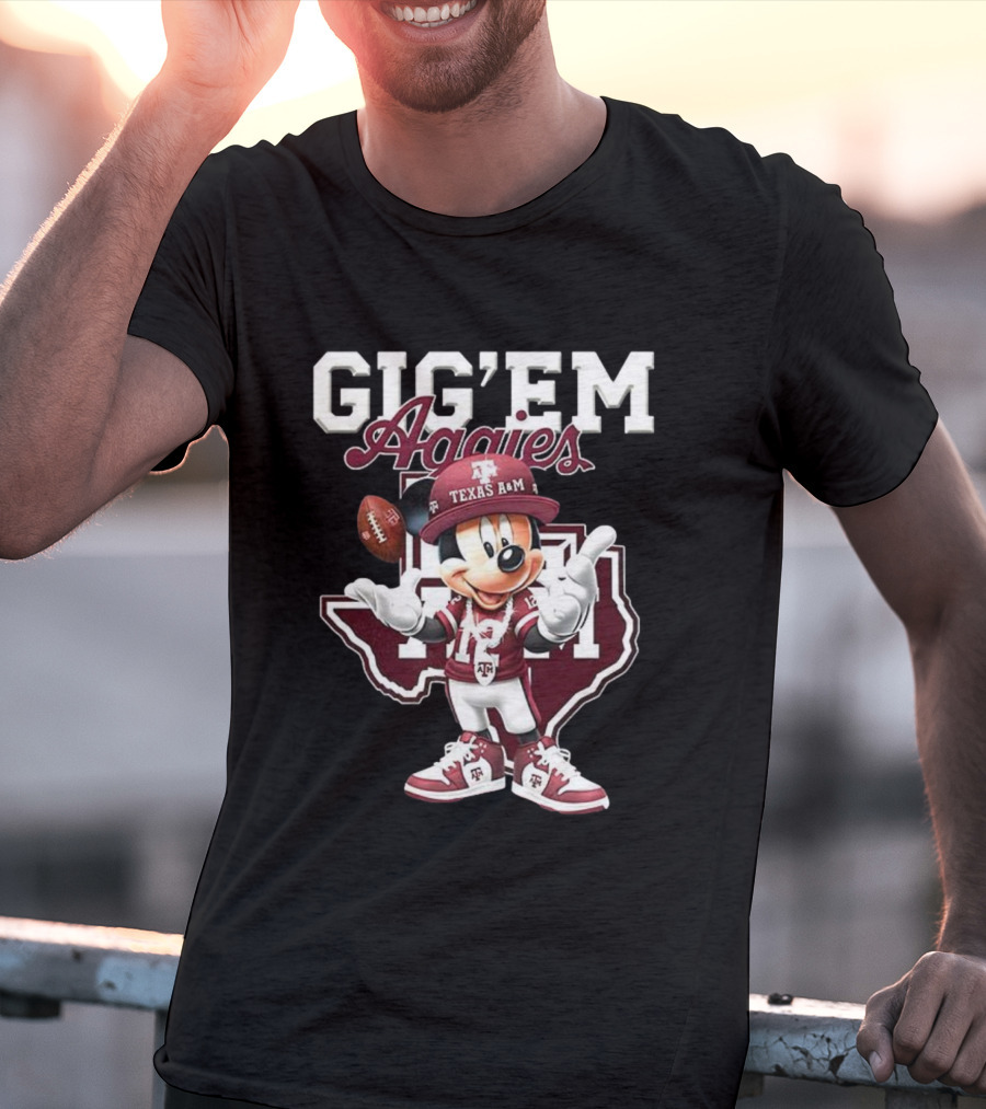 Gig’em Aggies Texas A&M Mickey Mouse Football Map T-Shirt