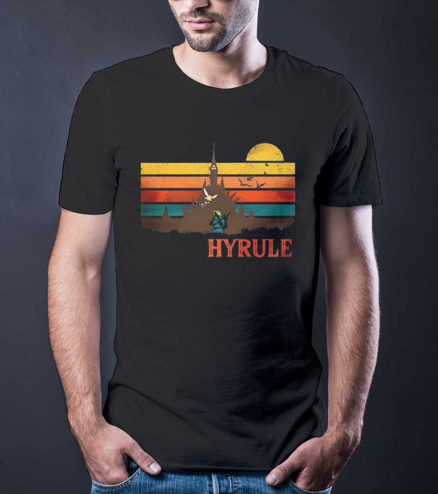 Hyrule Land Of The Gods Vintage Retro Sunset Castle And Hero Silhouette T-Shirt
