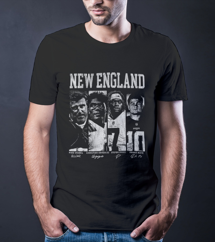 New England Mike Vrabel Christian Gonzalez Stefon Diggs Drake Maye NFL Football Signatures T-Shirt