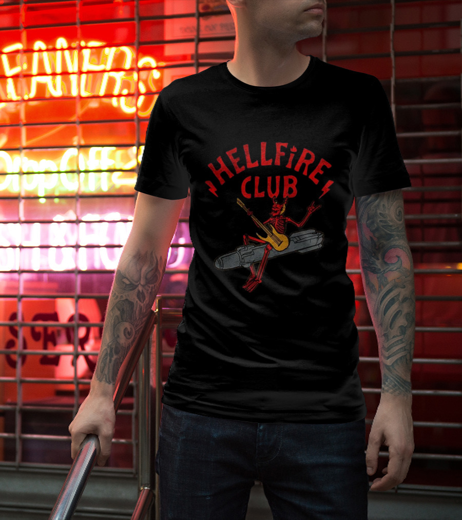 Hellfire Club Devil Riding Missile Playing Guitar T-Shirt