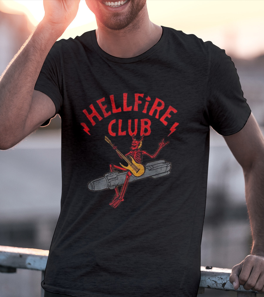 Hellfire Club Devil Riding Missile Playing Guitar T-Shirt
