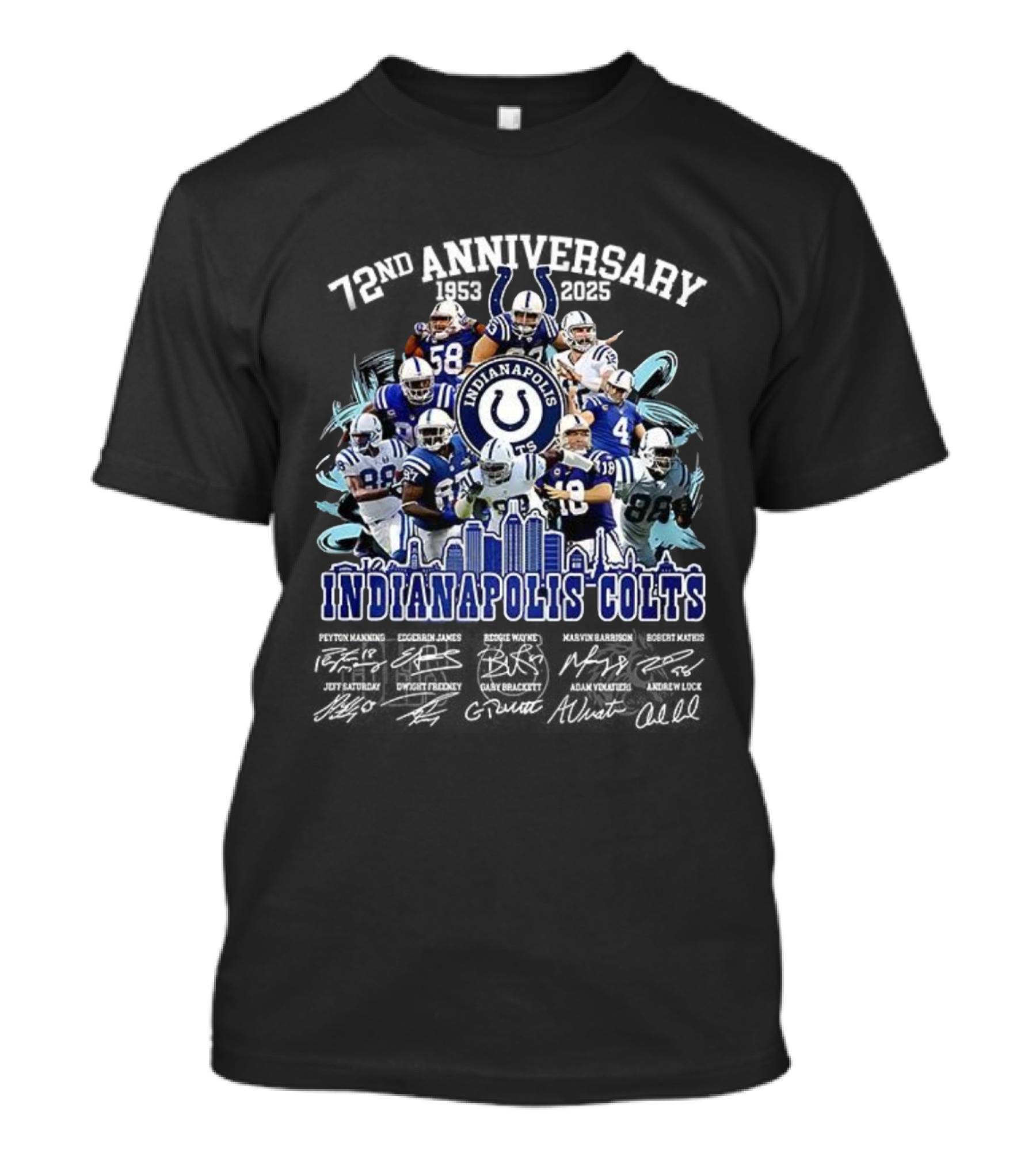 Indianapolis Colts 72nd Anniversary 1953-2025 Signature Players And Skyline T-Shirt