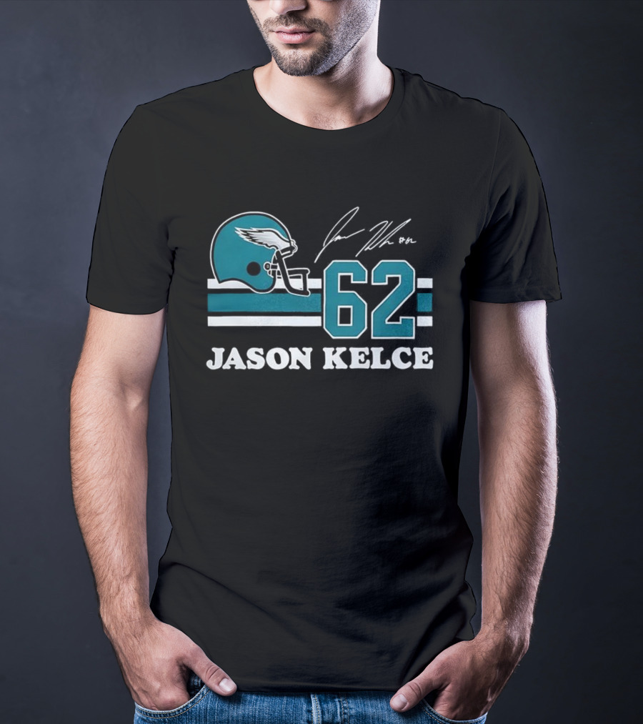Jason Kelce Philadelphia Eagles NFL Helmet Number 62 Signature T-Shirt