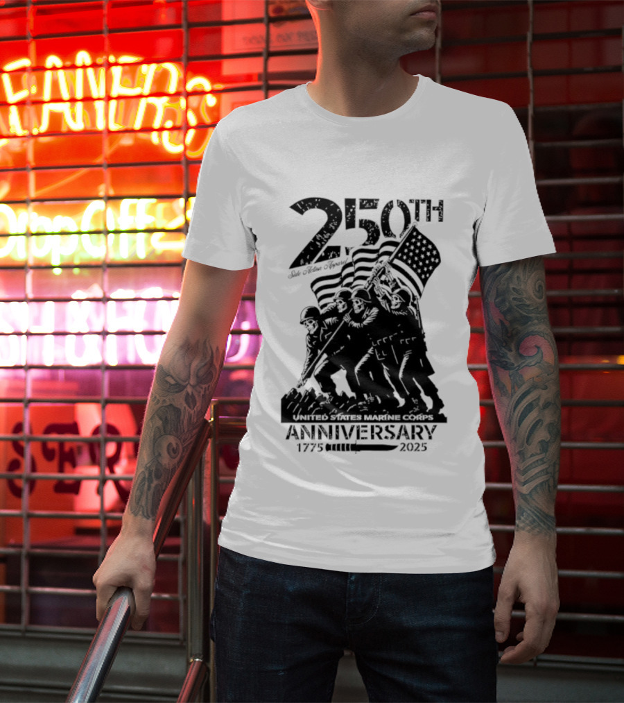 250th USMC Anniversary Flag Raising 1775-2025 United States Marine Corps WWII Emblem T-Shirt