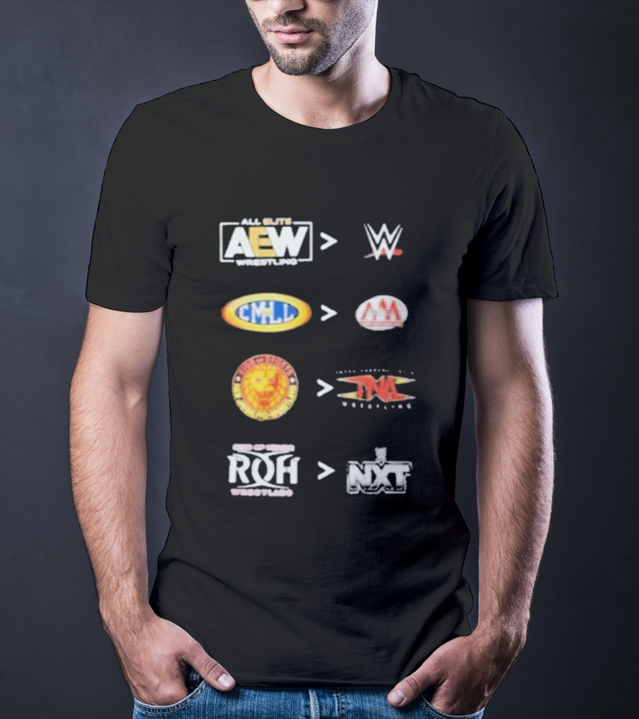 AEW Vs WWE CMLL Vs AAA NJPW Vs TNA ROH Vs NXT Wrestling Logos T-Shirt