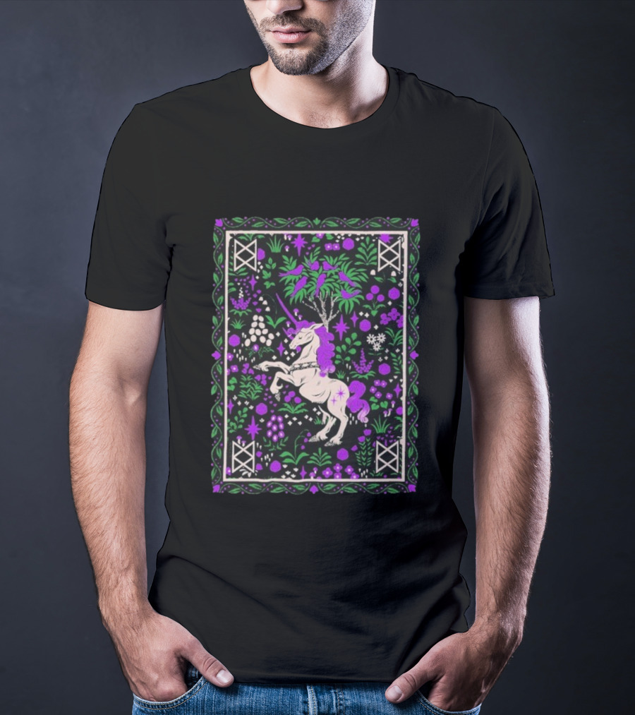 Garyl Unicorn Enchanted Forest Magic Purple Pink Green Botanical T-Shirt
