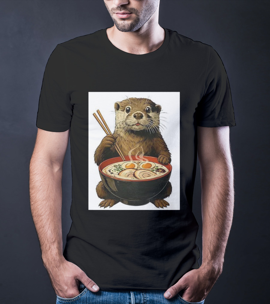 Cute Otter Enjoying Steaming Ramen With Chopsticks Illustration T-Shirt