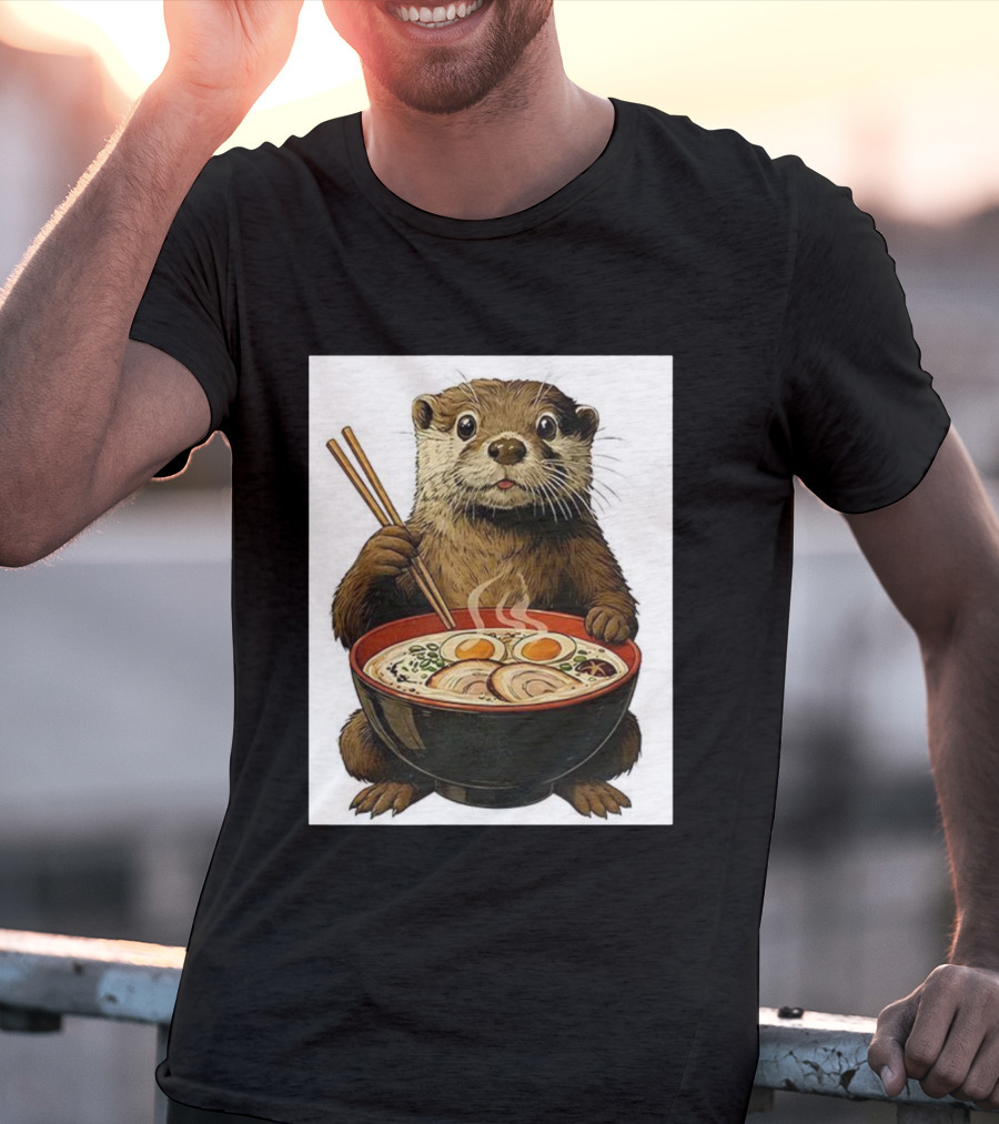 Cute Otter Enjoying Steaming Ramen With Chopsticks Illustration T-Shirt