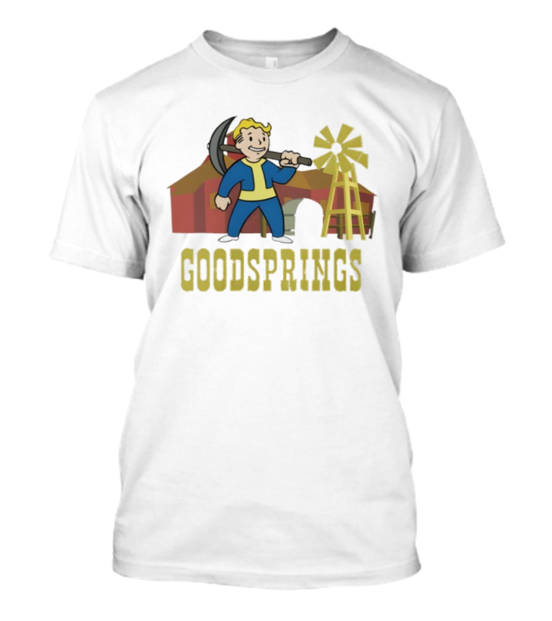 Fallout Goodsprings Vault Boy Pickaxe Barn Windmill T-Shirt