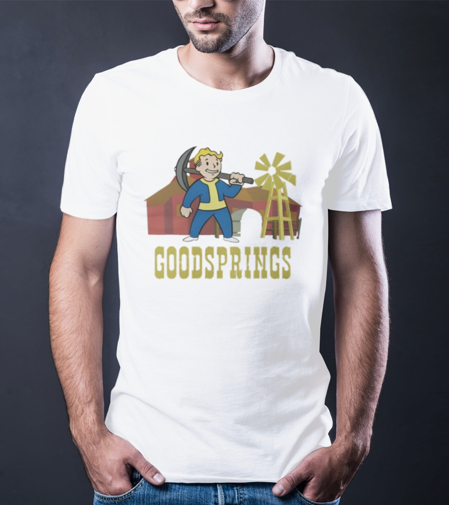 Fallout Goodsprings Vault Boy Pickaxe Barn Windmill T-Shirt