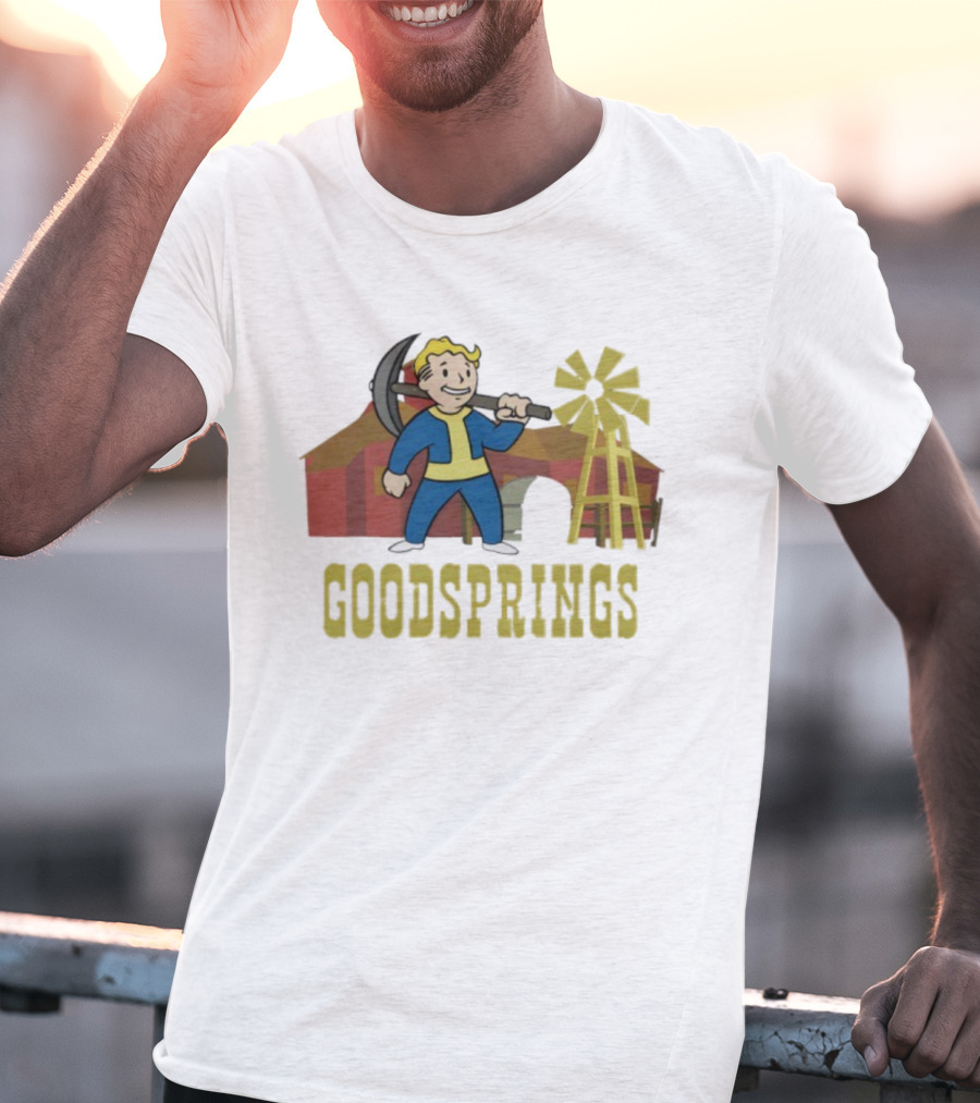 Fallout Goodsprings Vault Boy Pickaxe Barn Windmill T-Shirt