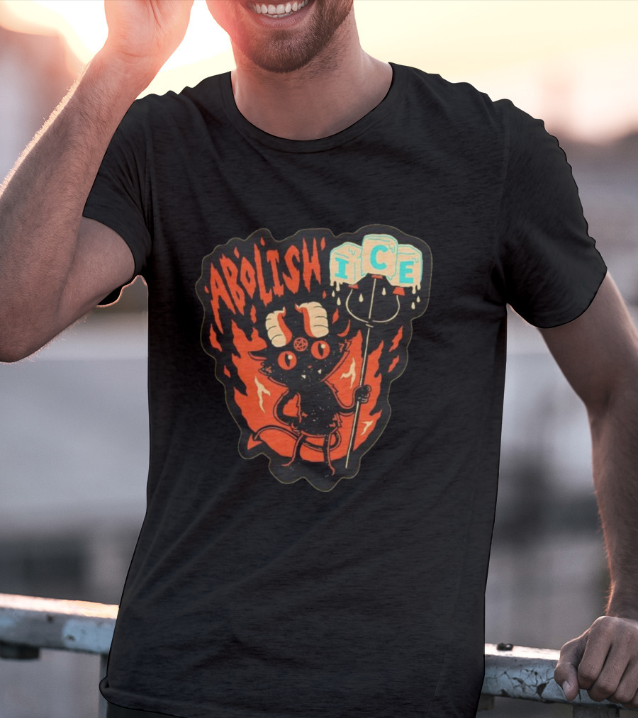 Abolish ICE Devilish Pitchfork Fire Demon Cartoon Horns T-Shirt