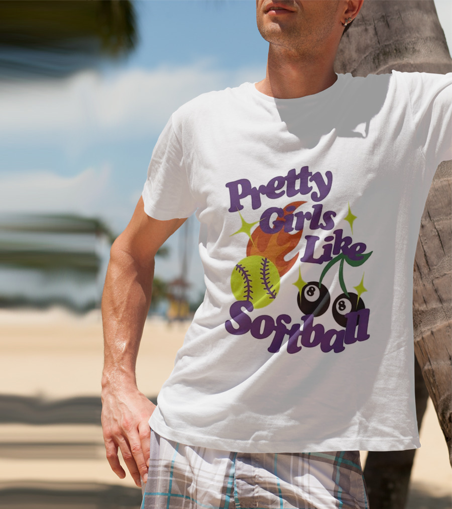 Pretty Girls Like Softball Flaming Ball And Billiard Cherry T-Shirt