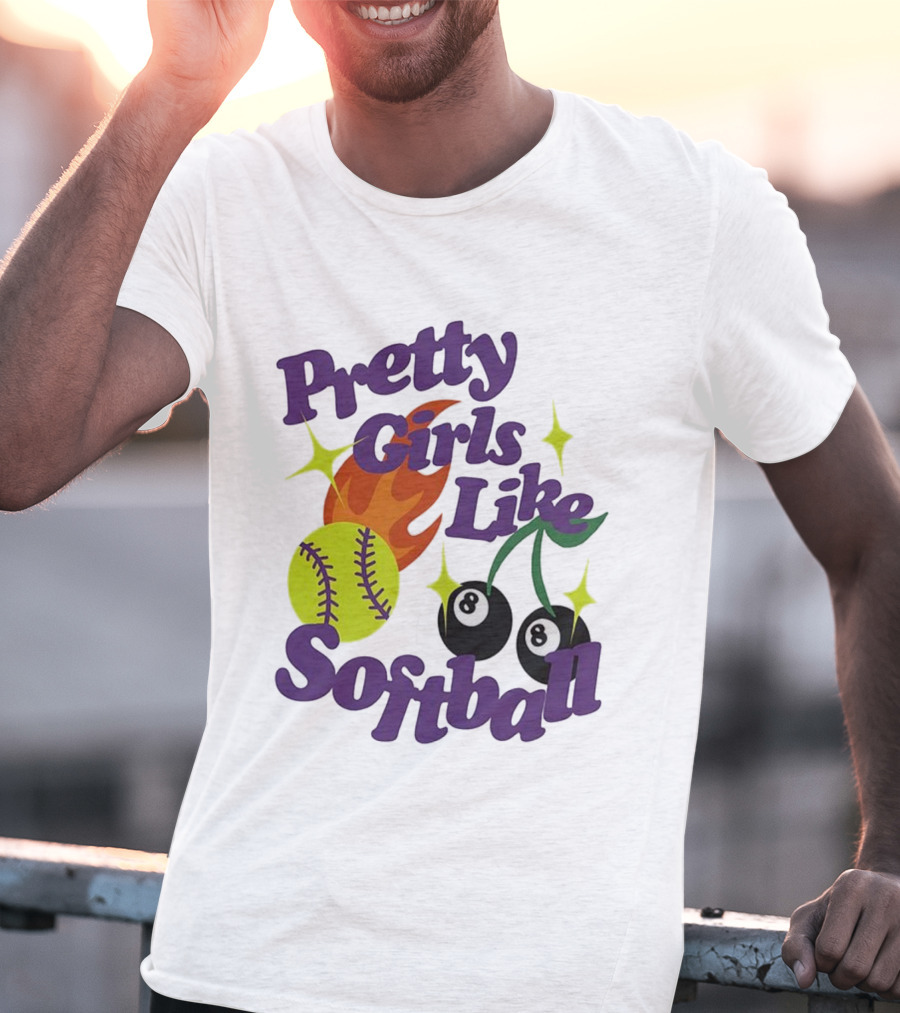 Pretty Girls Like Softball Flaming Ball And Billiard Cherry T-Shirt