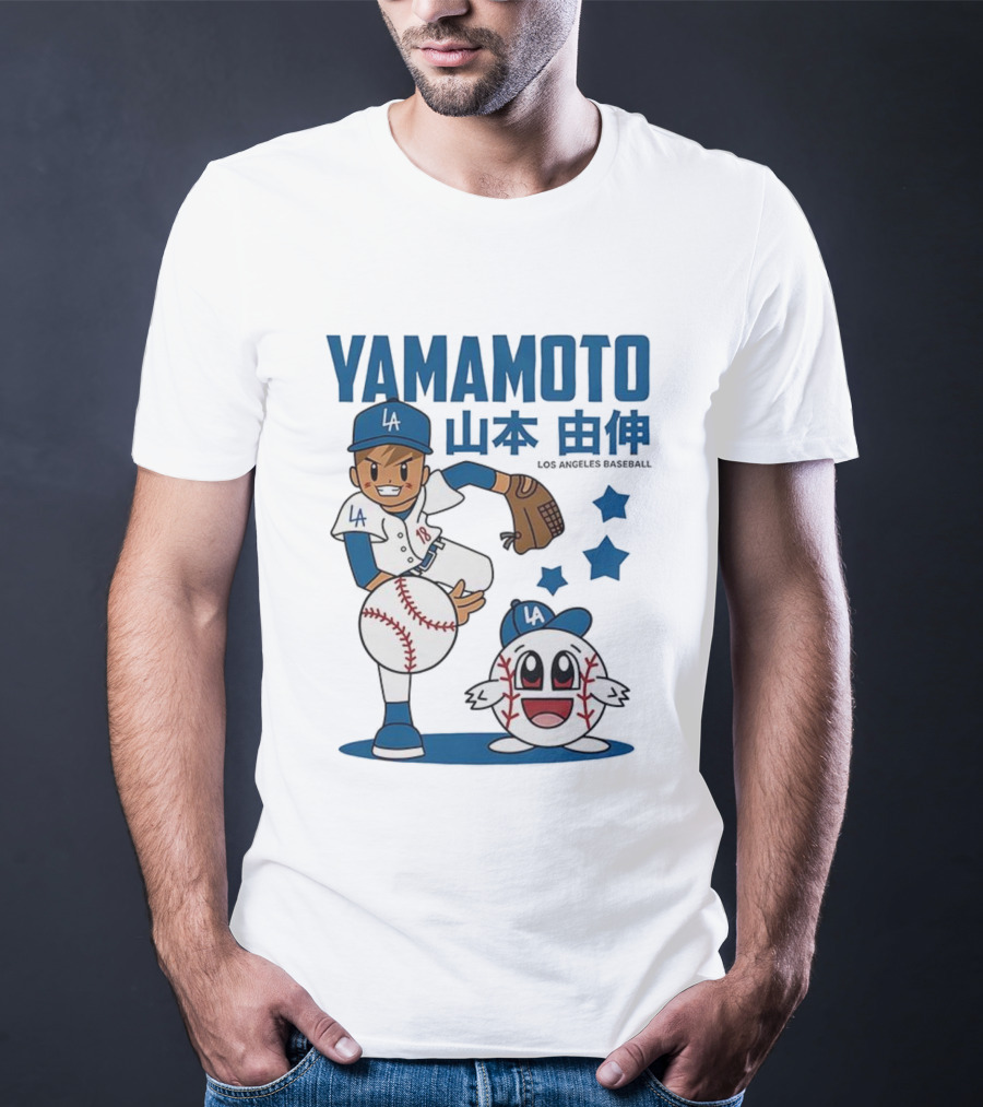 Yamamoto Los Angeles Dodgers Cartoon With Baseball Character And Stars T-Shirt