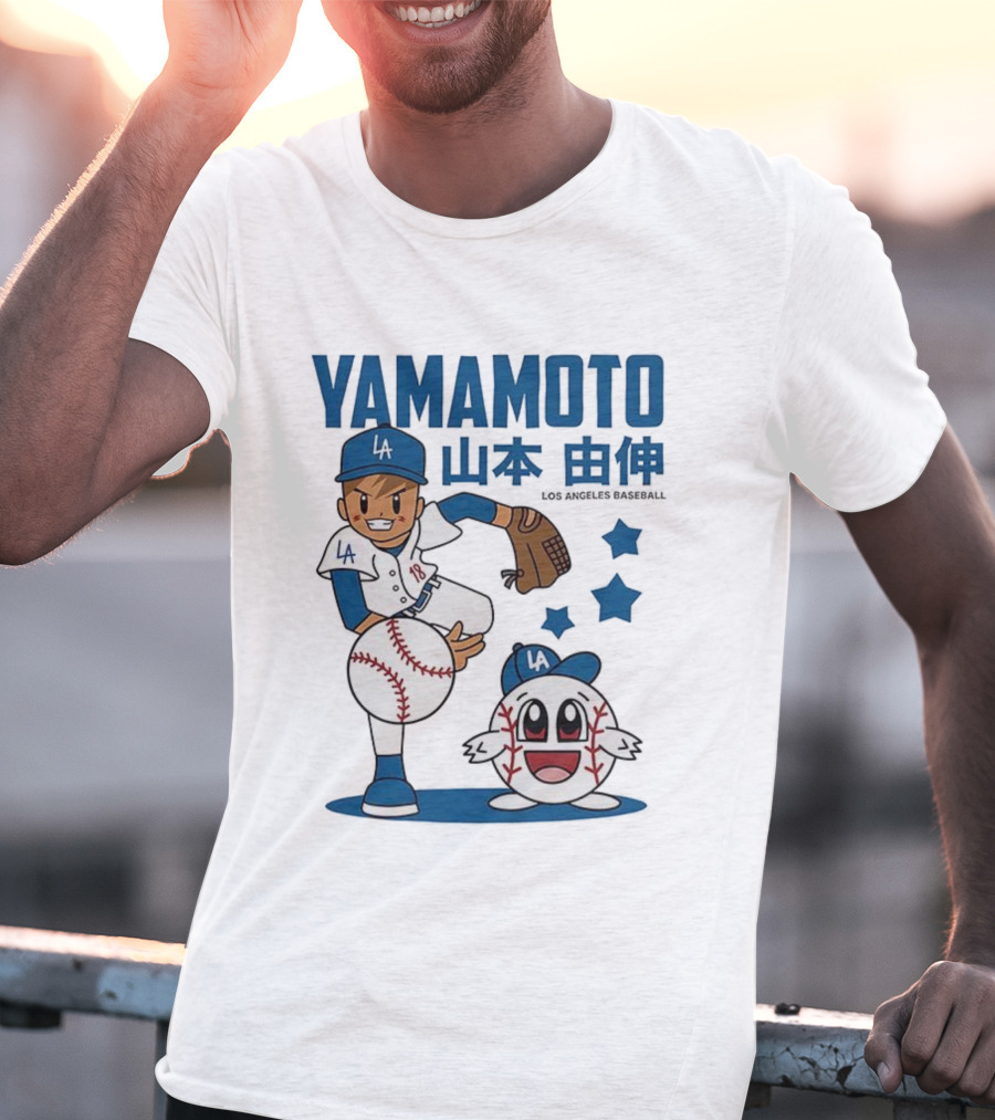 Yamamoto Los Angeles Dodgers Cartoon With Baseball Character And Stars T-Shirt