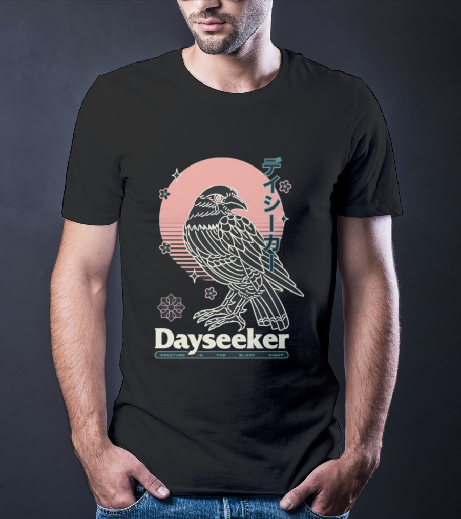 Dayseeker Creature In The Black Night Raven With Japanese Text And Sakura Motif T-Shirt
