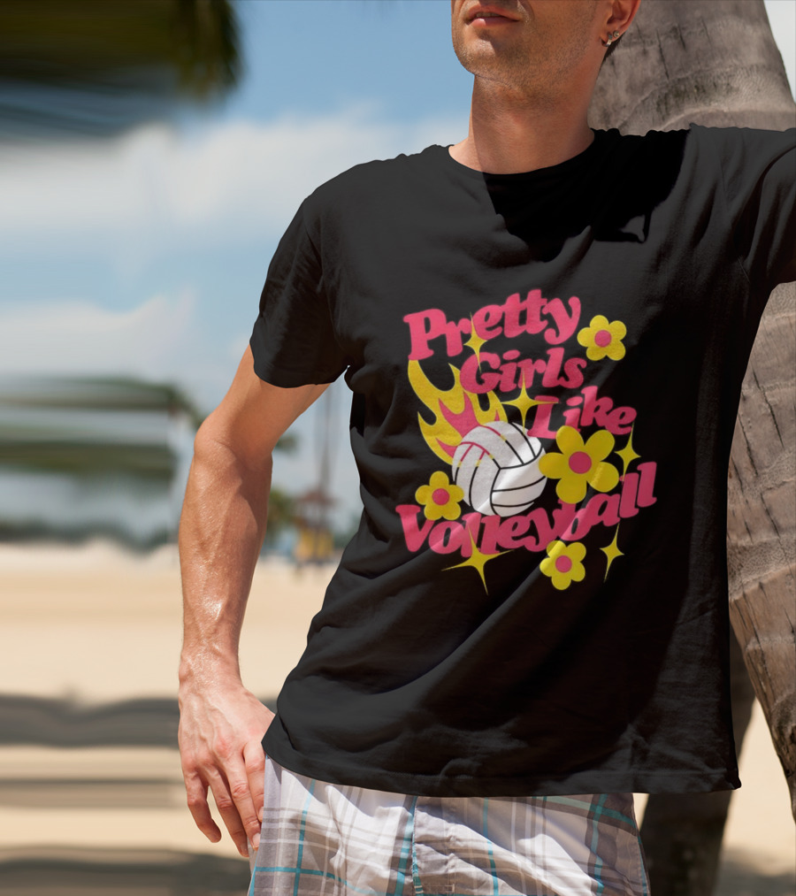 Pretty Girls Like Volleyball Flowers Yellow Pink Volleyball Floral Design T-Shirt