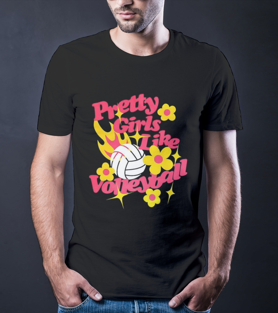 Pretty Girls Like Volleyball Flowers Yellow Pink Volleyball Floral Design T-Shirt