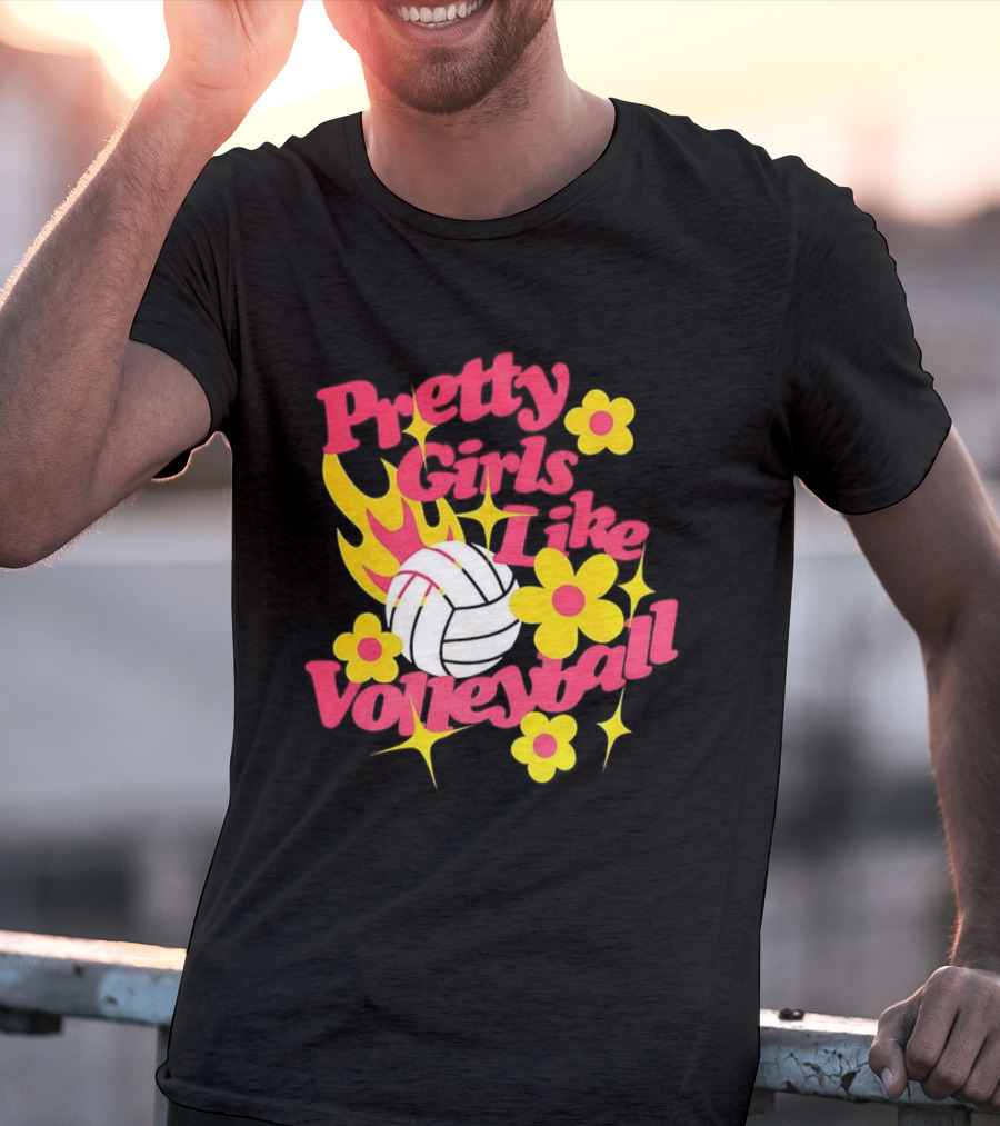 Pretty Girls Like Volleyball Flowers Yellow Pink Volleyball Floral Design T-Shirt